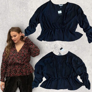 Eloquii Elements Women Plus Size 24 Ruche Sleeve Faux Wrap Top Blouse NWT Peplum